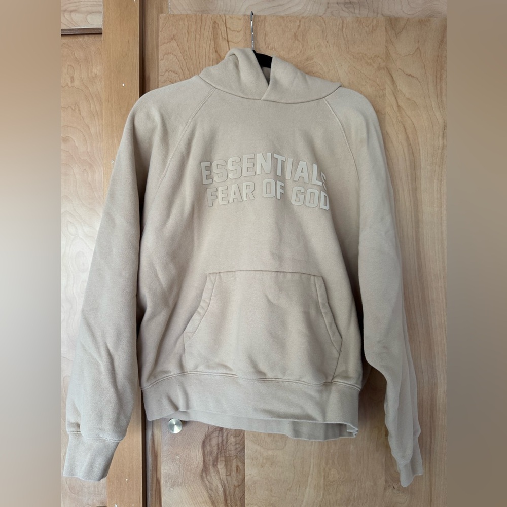 Essential fear of god beige hoodie size small
